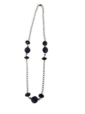 Vintage Blue Faceted Bead Necklace 20 Inch Silver Tone Chain Statement Necklace